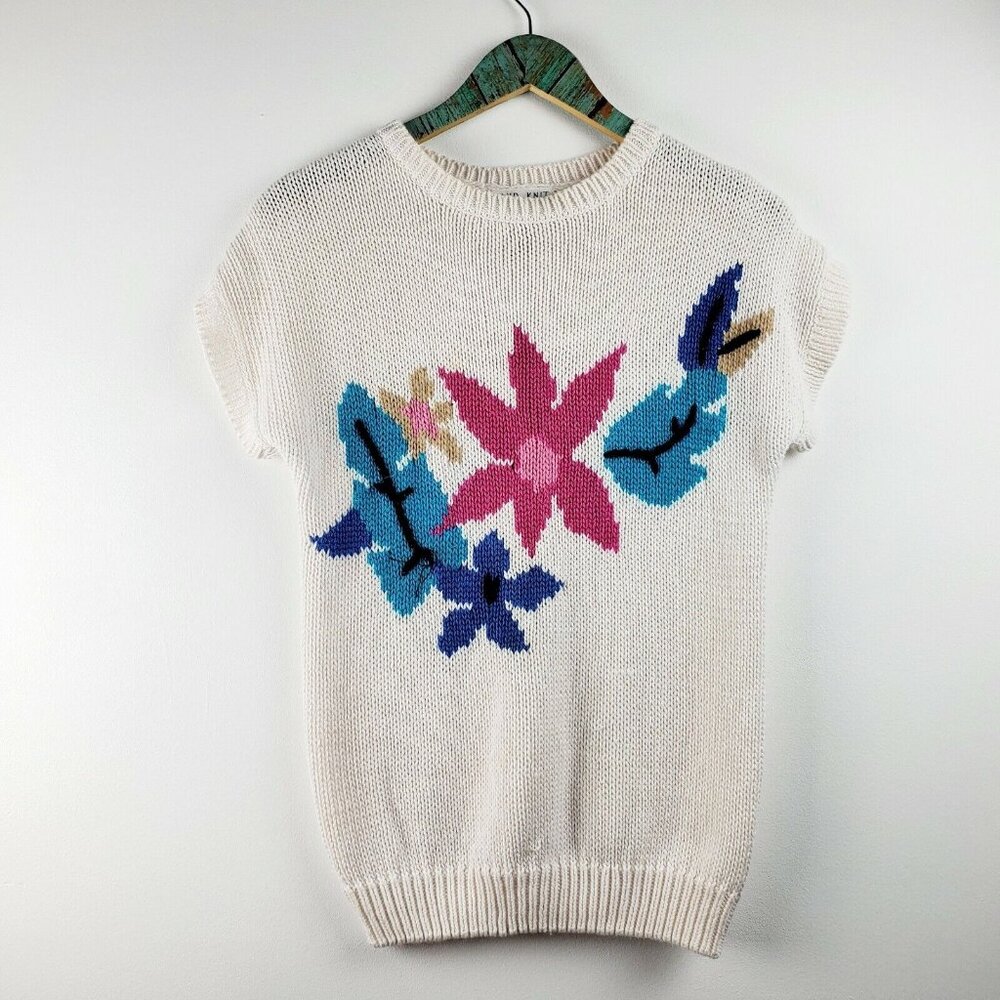 VTG Alfred Dunner Women's White Floral Print Hand Knit Sleeveless Sweater Sz M - Picture 1 of 9